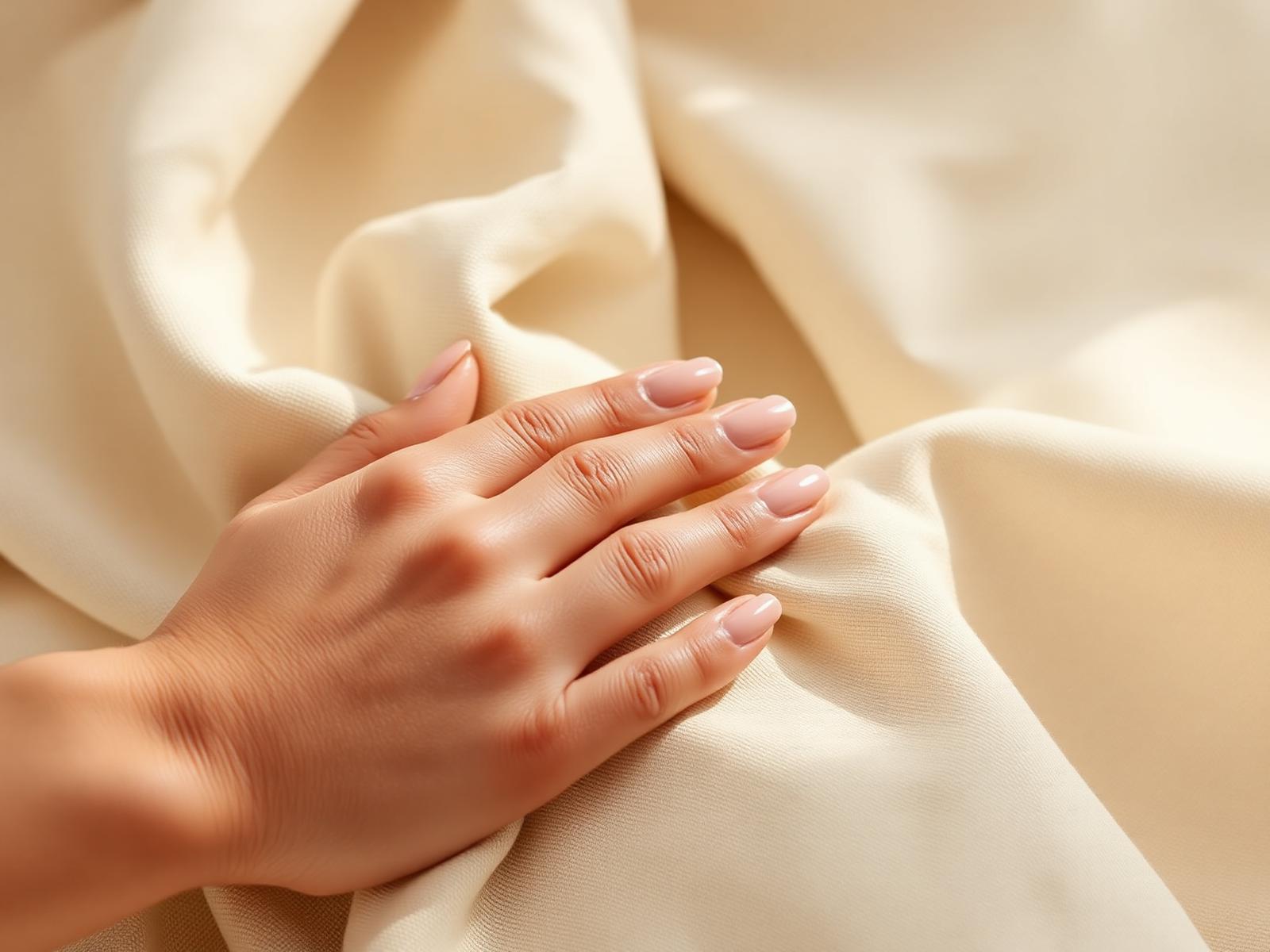 Softly manicured hand resting on ivory linen